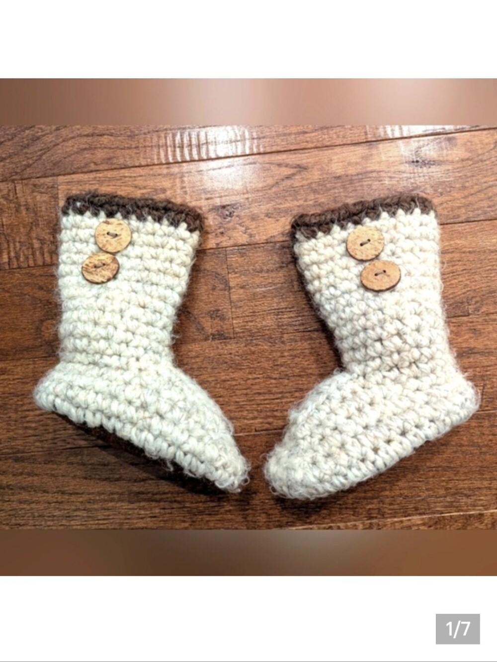 Handmade Wool Suede & Shearling Cream & Brown Crochet Baby Boots Sz 1-2 Years